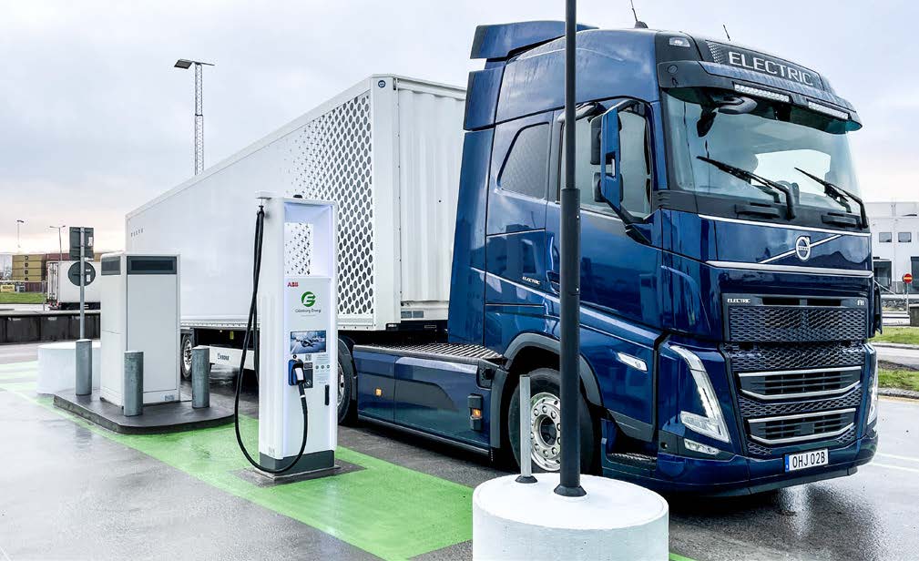 A truck charging in the port area.